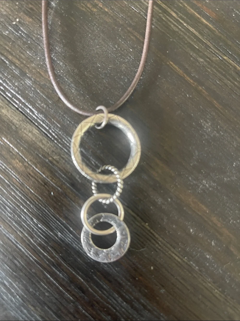 Silpada Silver Triple Ring Pendant Necklace on Brown Cord